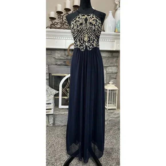 Vtg Y2K Blondie Nites Prom Dress Sz 3 Navy Blue Maxi Rhinestones Sequins  Regency - threedaughtersproperties.com